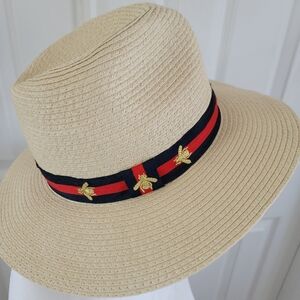 Vince Camuto Woven Adjustable Straw Fedora Hat With Bee Accents